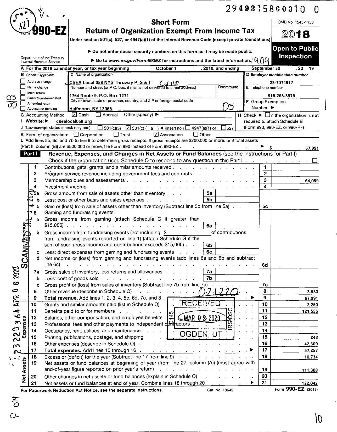 Image of first page of 2018 Form 990EO for CIVIL SERVICE EMPLOYEES ASSOCIATION - 0058 Thruway-Prf TCH Sprvy-Unit 2