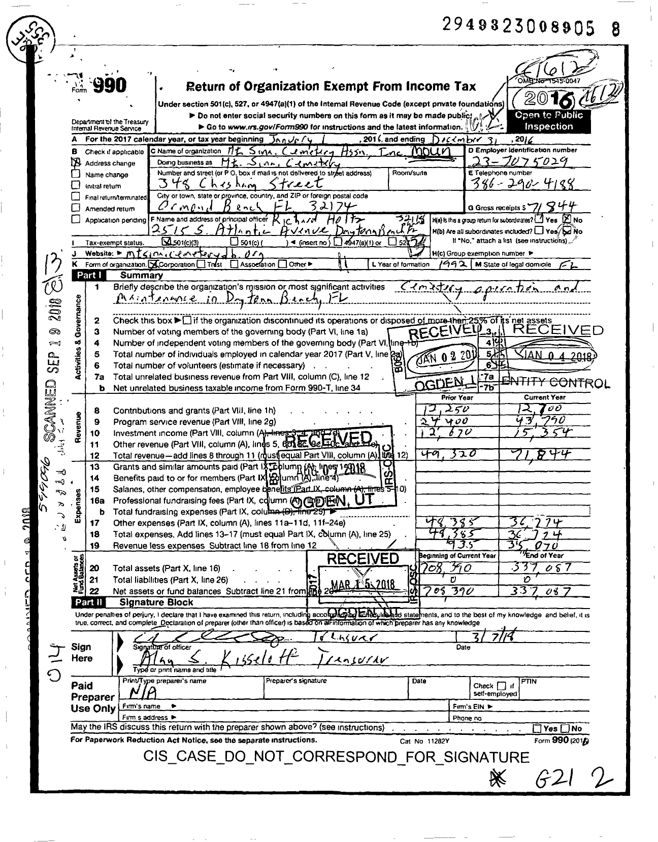 Image of first page of 2016 Form 990O for Mount Sinai Cemetery Association