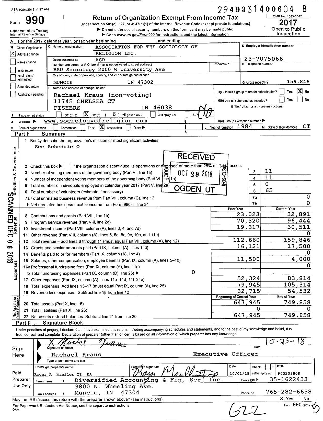 Image of first page of 2017 Form 990O for Association for the Sociology of Religion (ASR)