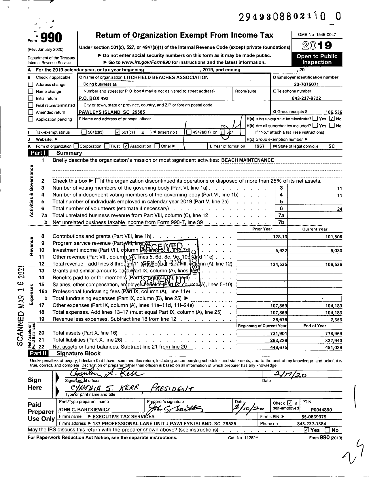 Image of first page of 2019 Form 990O for Litchfield Beaches Association