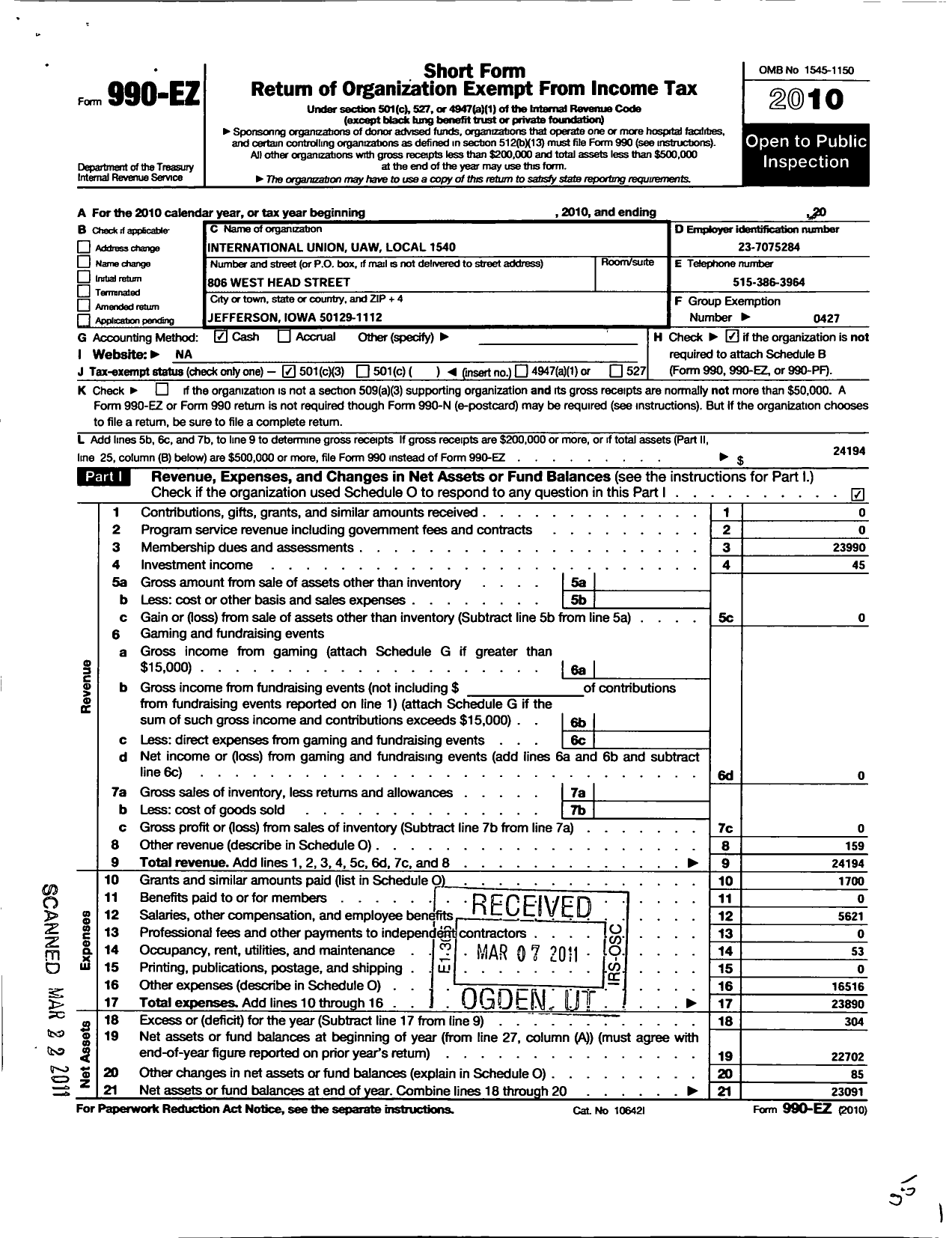 Image of first page of 2010 Form 990EZ for Uaw - 1540 Uaw Local