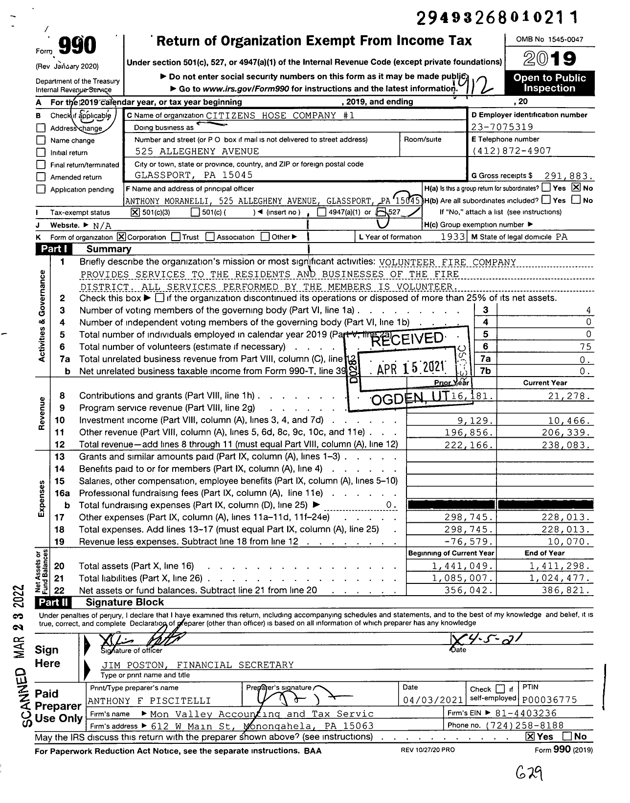 Image of first page of 2019 Form 990 for Citizens Hose Company #1