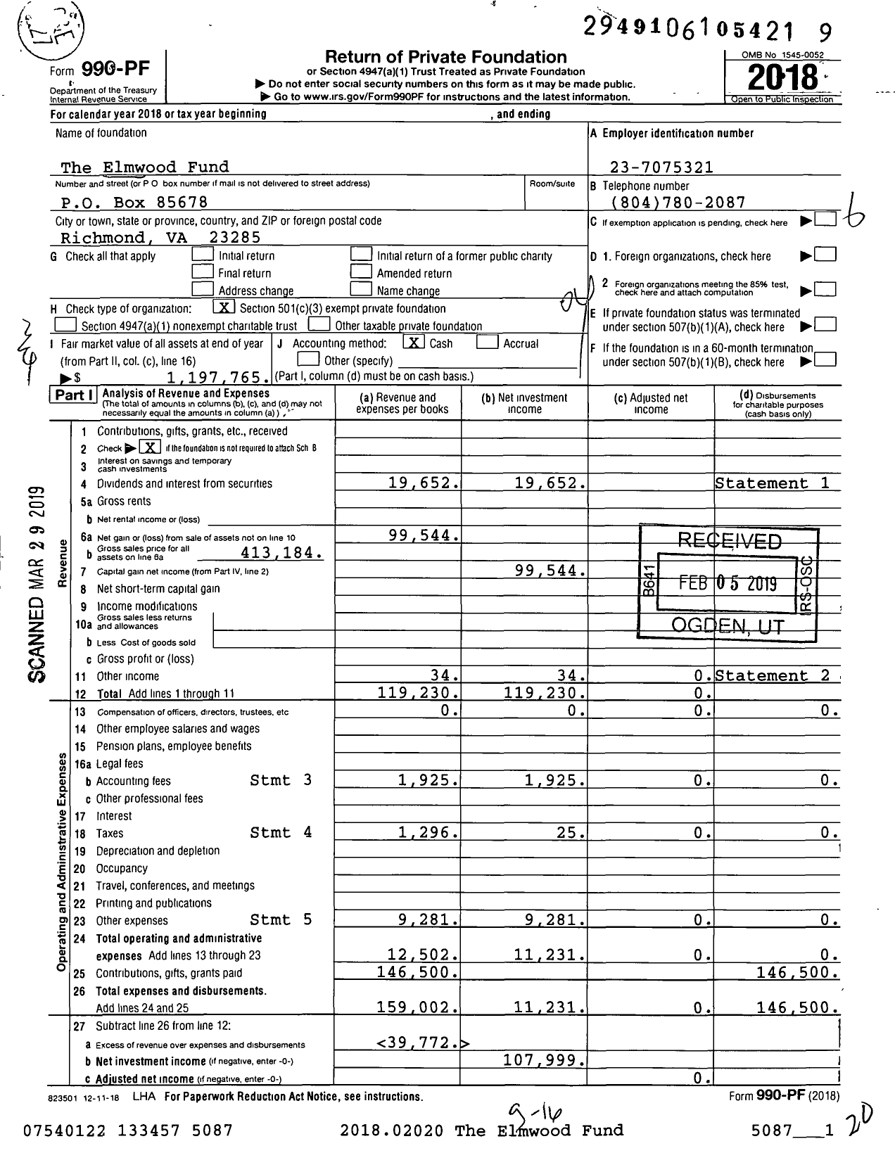 Image of first page of 2018 Form 990PF for The Elmwood Fund