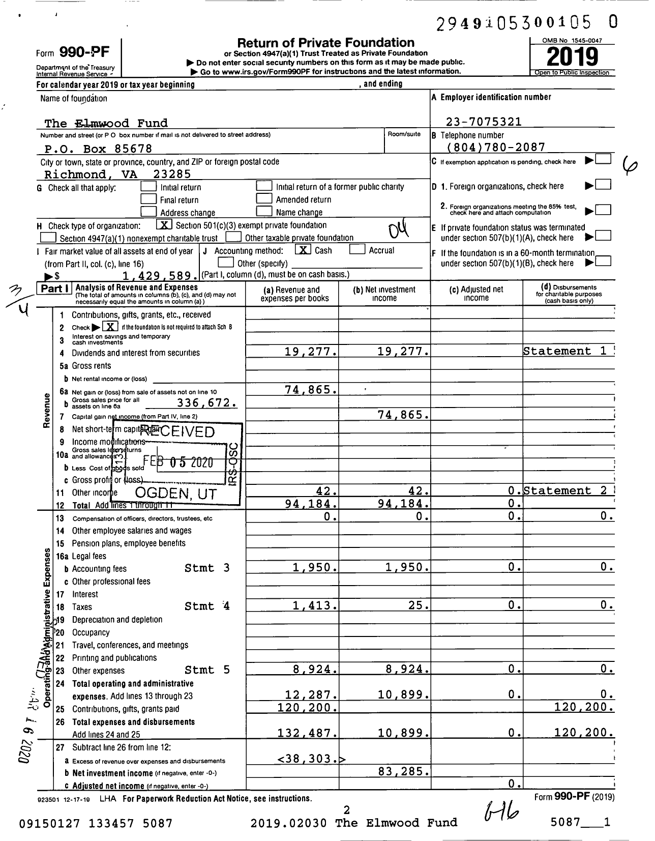 Image of first page of 2019 Form 990PR for The Elmwood Fund