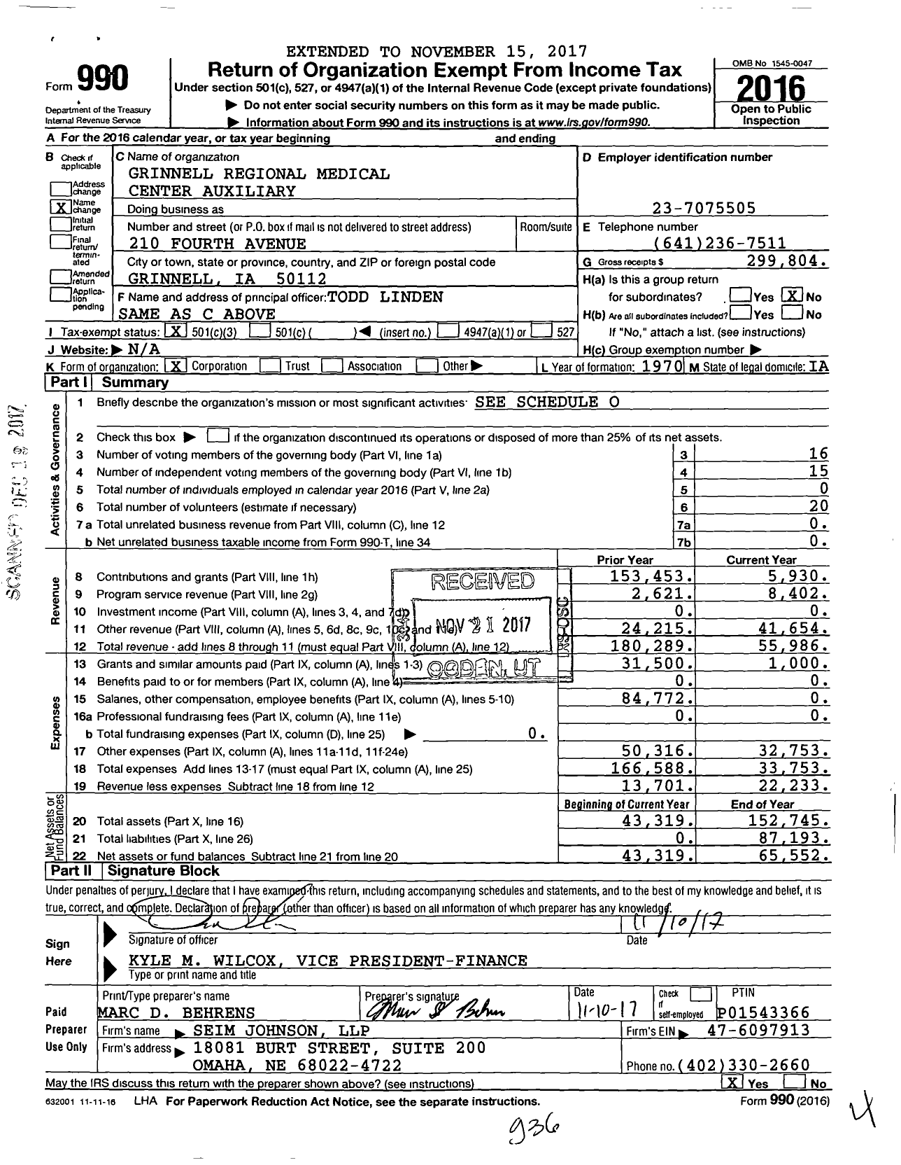 Image of first page of 2016 Form 990 for Grinnell Regional Medical Center Auxiliary