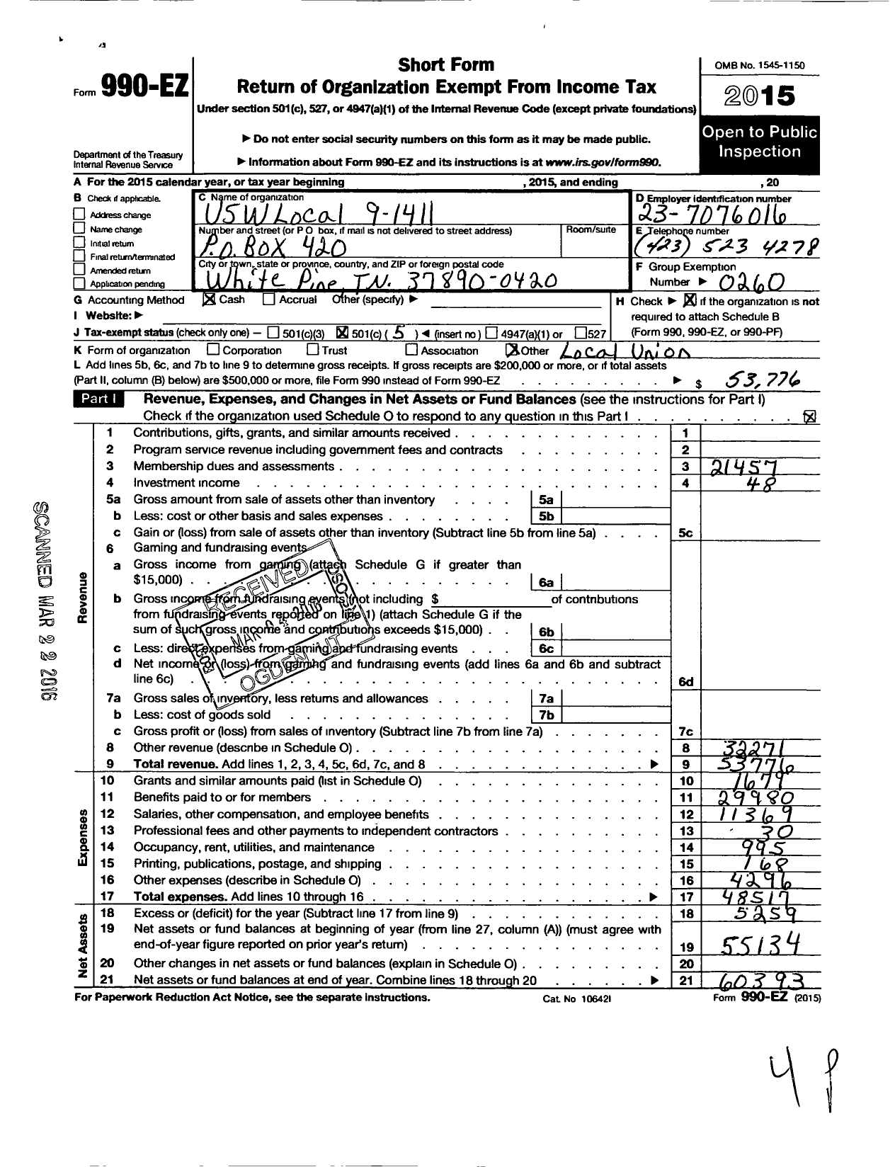 Image of first page of 2015 Form 990EO for United Steelworkers - 9-01411 Local