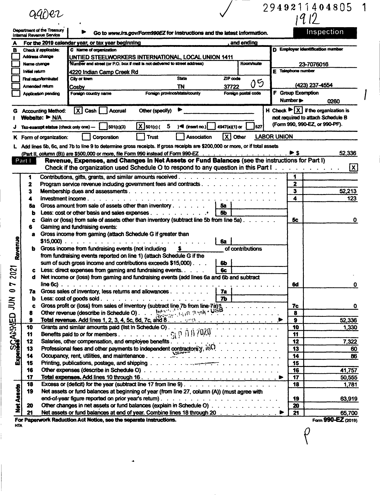 Image of first page of 2019 Form 990EO for United Steelworkers - 9-01411 Local