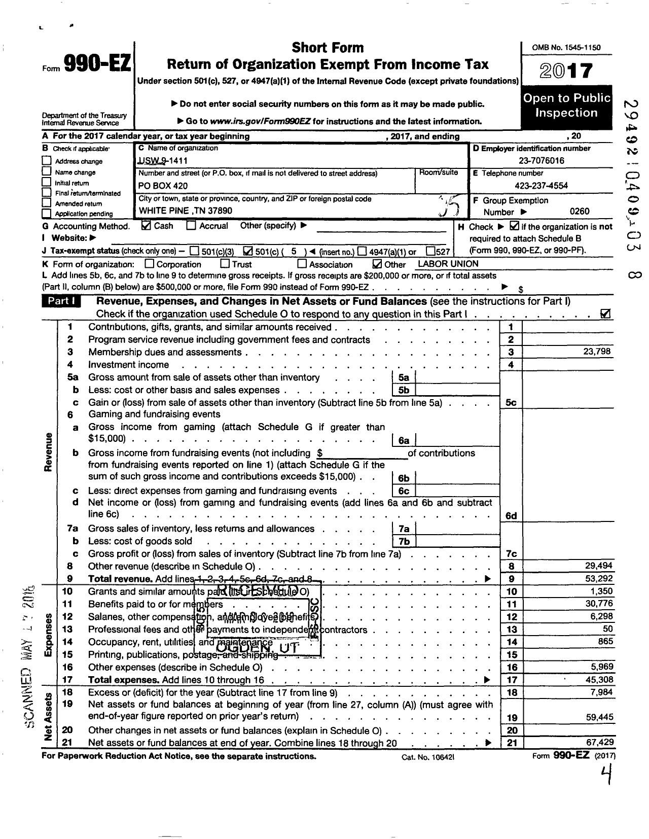 Image of first page of 2017 Form 990EO for United Steelworkers - 9-01411 Local