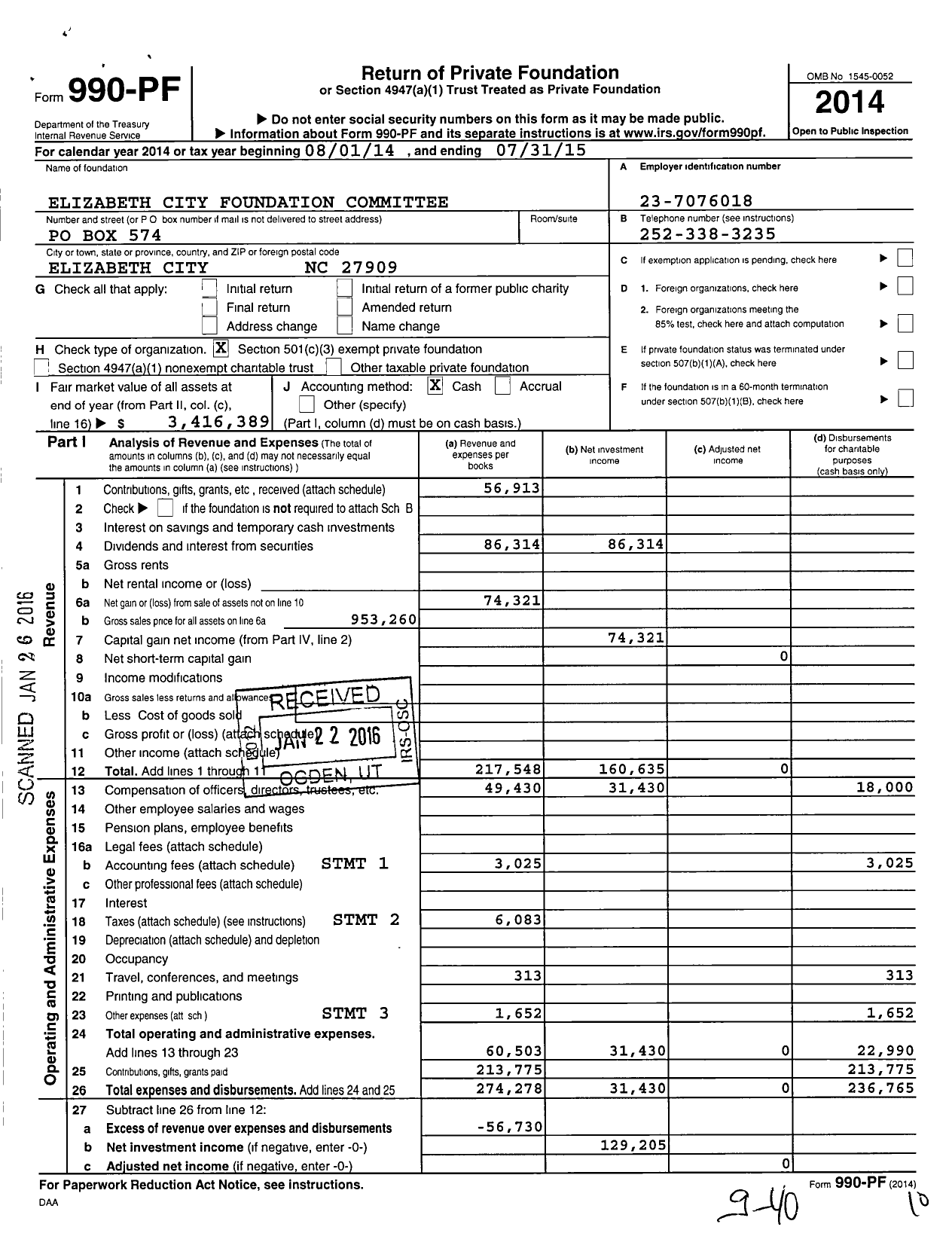 Image of first page of 2014 Form 990PF for Elizabeth City Foundation Committee