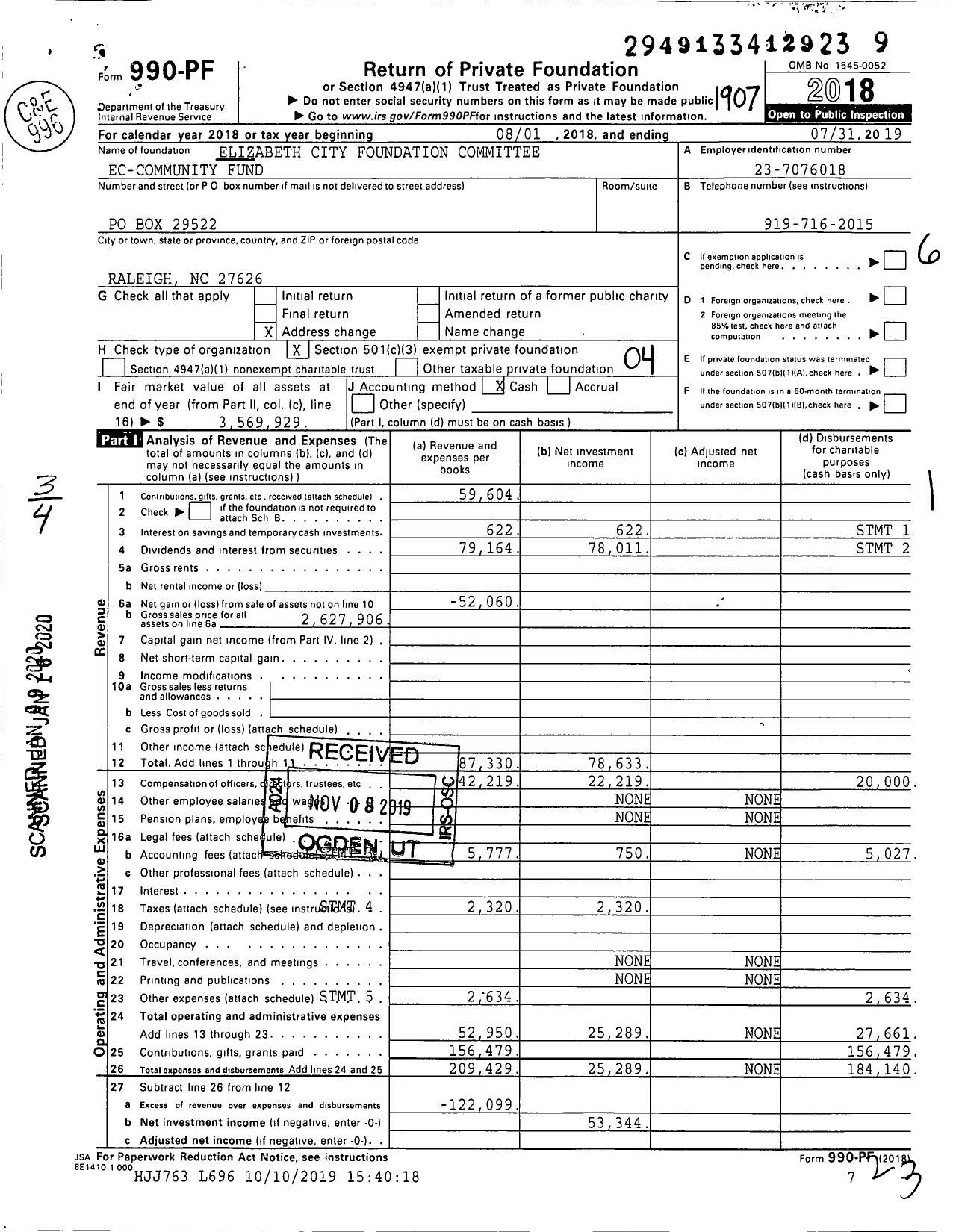 Image of first page of 2018 Form 990PF for Elizabeth City Foundation Committee