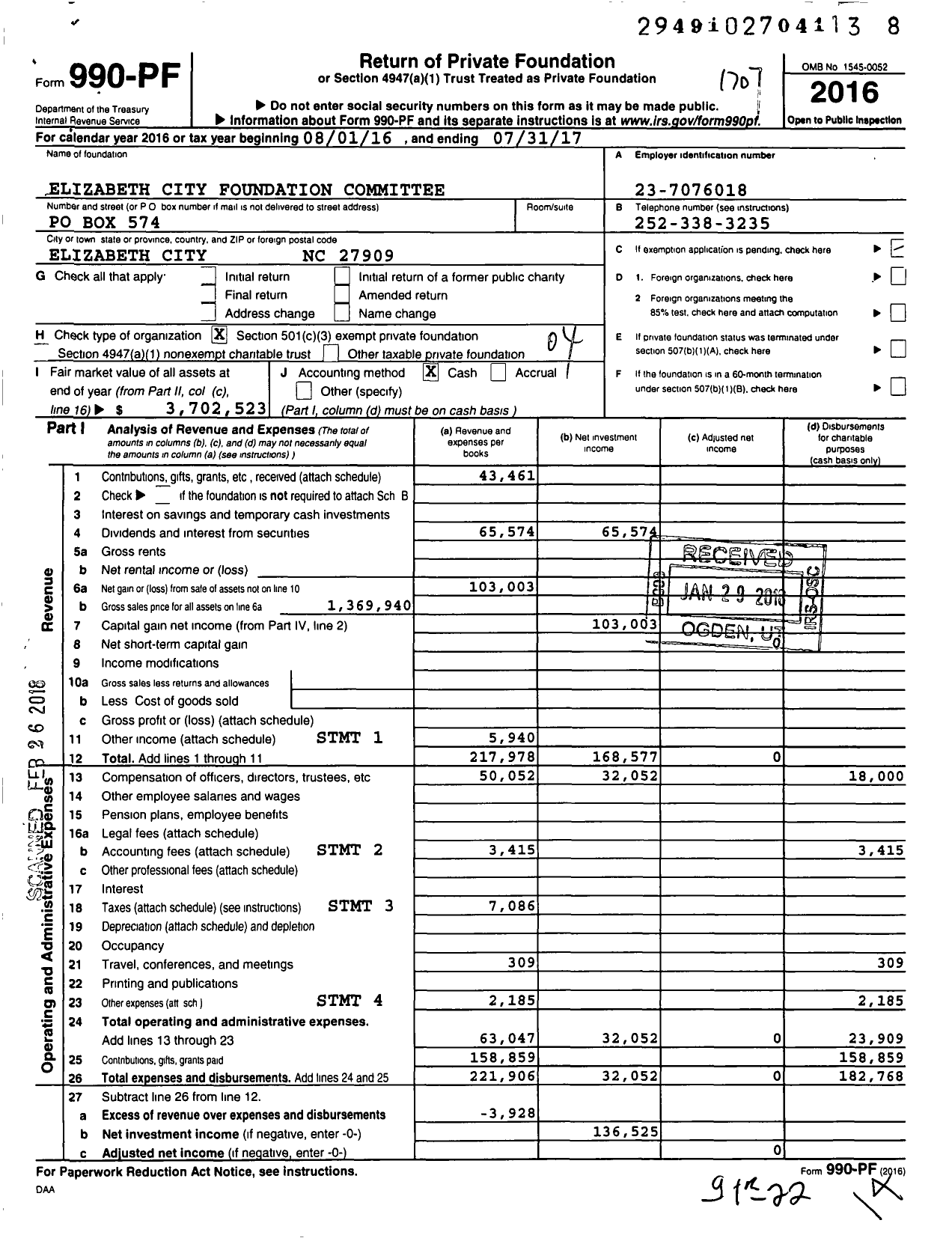 Image of first page of 2016 Form 990PF for Elizabeth City Foundation Committee