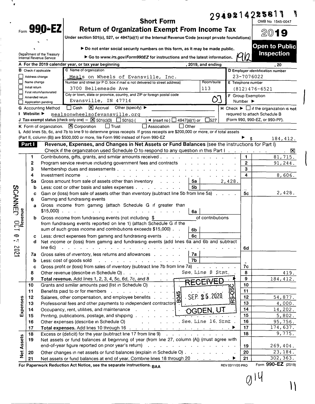 Image of first page of 2019 Form 990EZ for Meals on Wheels of Evansville