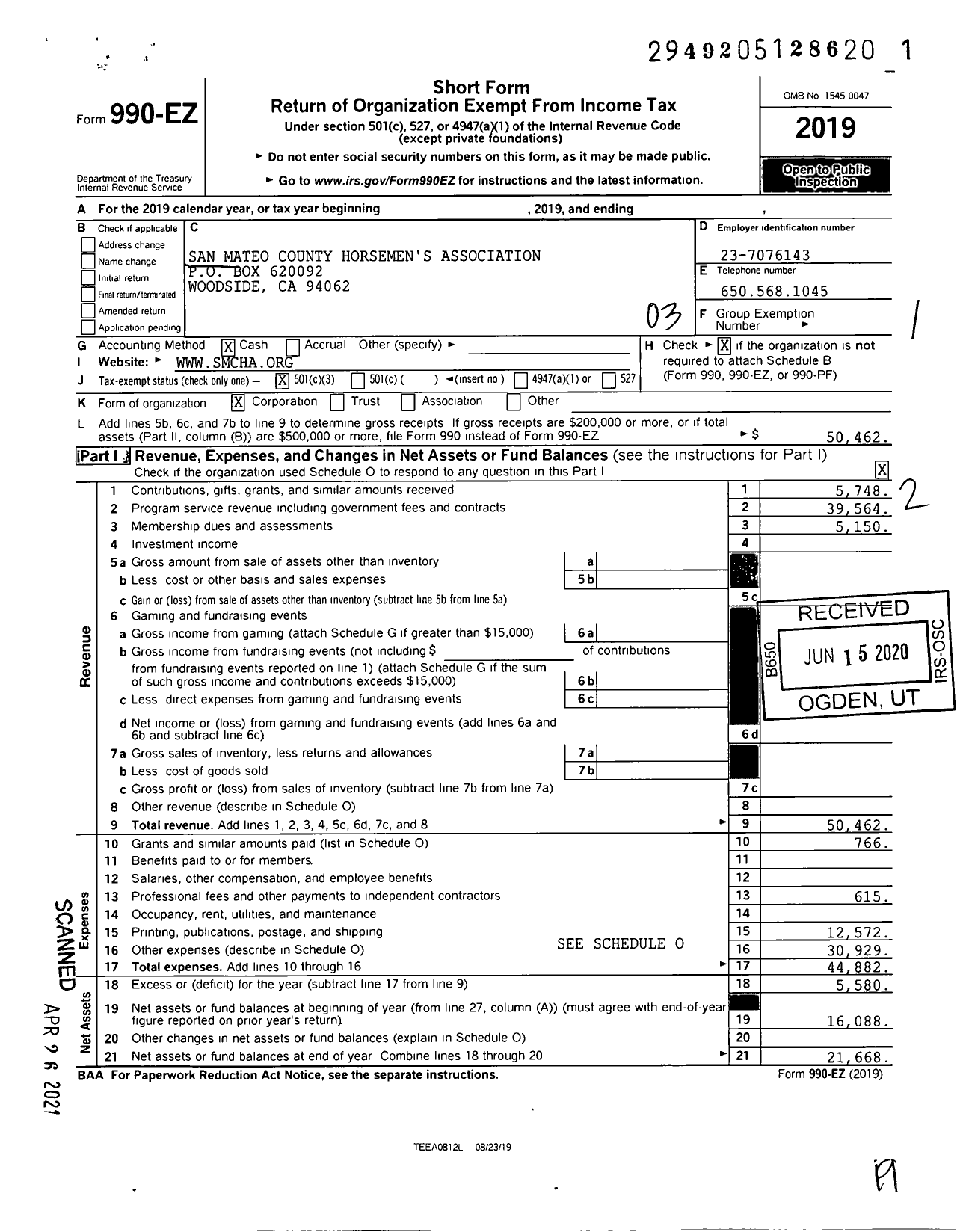 Image of first page of 2019 Form 990EZ for San Mateo County Horsemens Association