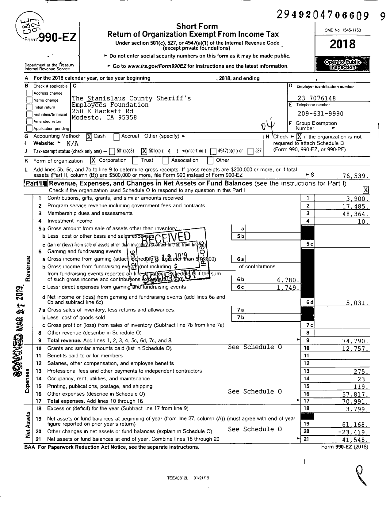 Image of first page of 2018 Form 990EO for The Stanislaus County Sheriffs Employees Foundation