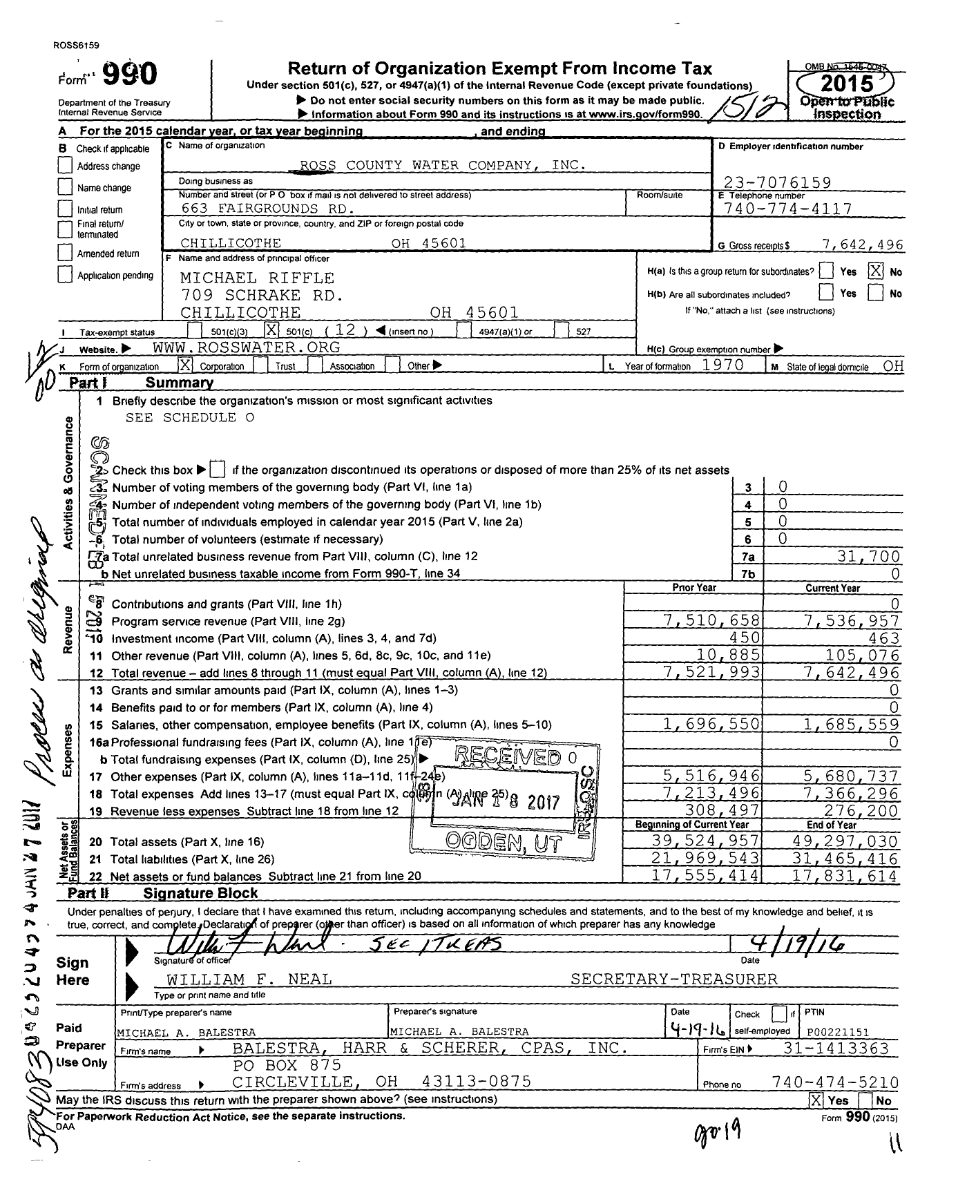 Image of first page of 2015 Form 990O for Ross County Water Company