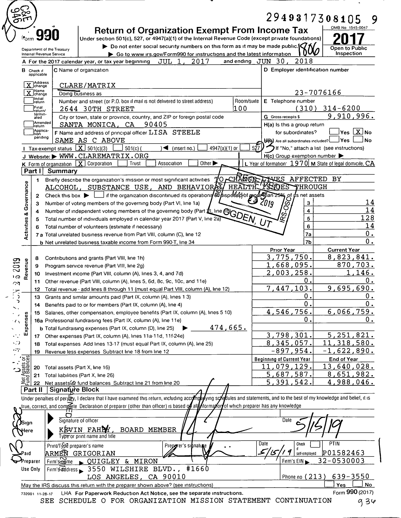Image of first page of 2017 Form 990 for Clarematrix