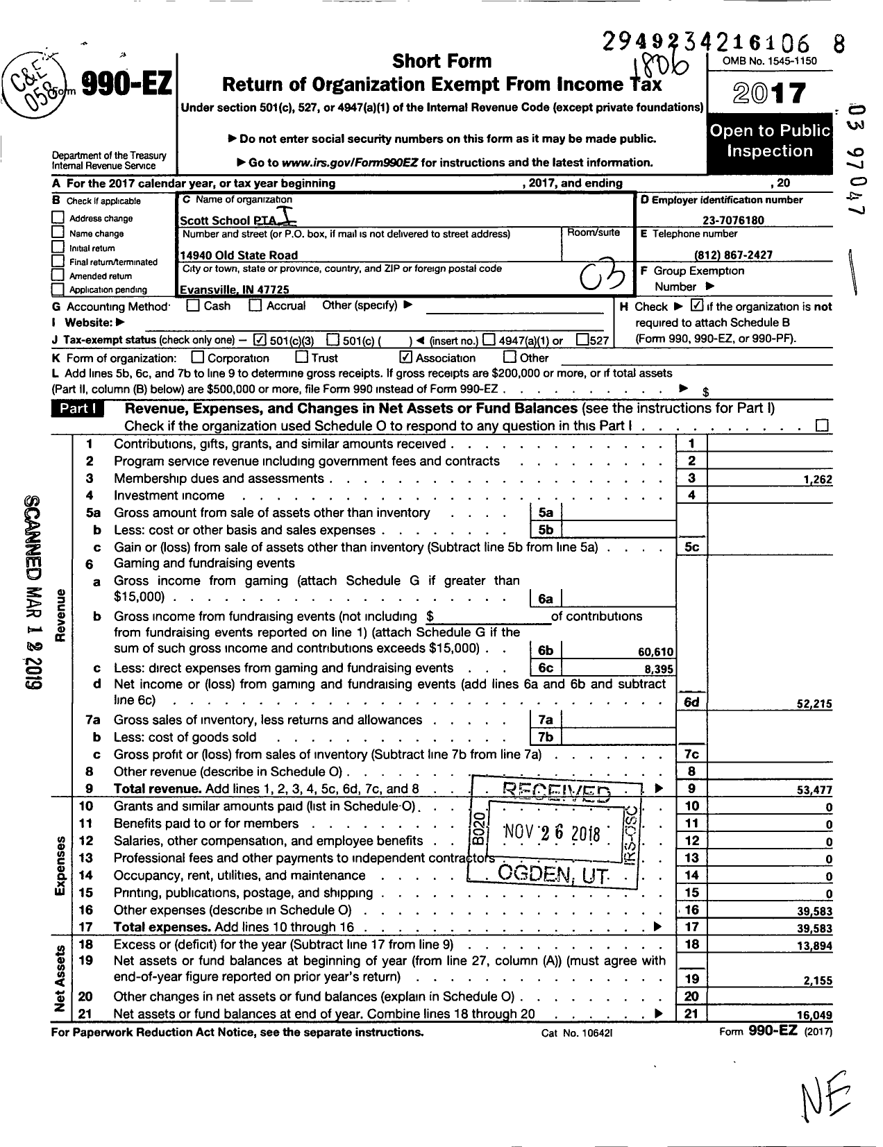 Image of first page of 2017 Form 990EZ for Indiana Congress of Parents and Teachers / Scott Elementary School P T A