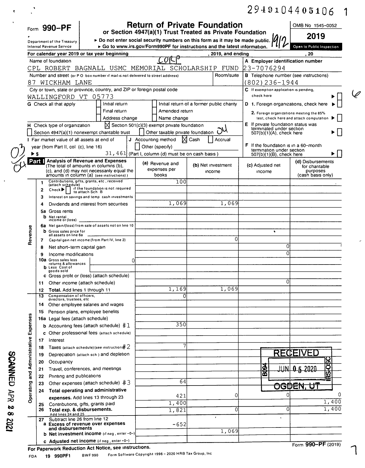 Image of first page of 2019 Form 990PF for CPL Robert Bagnall Usmc Memorial Scholarship Fund