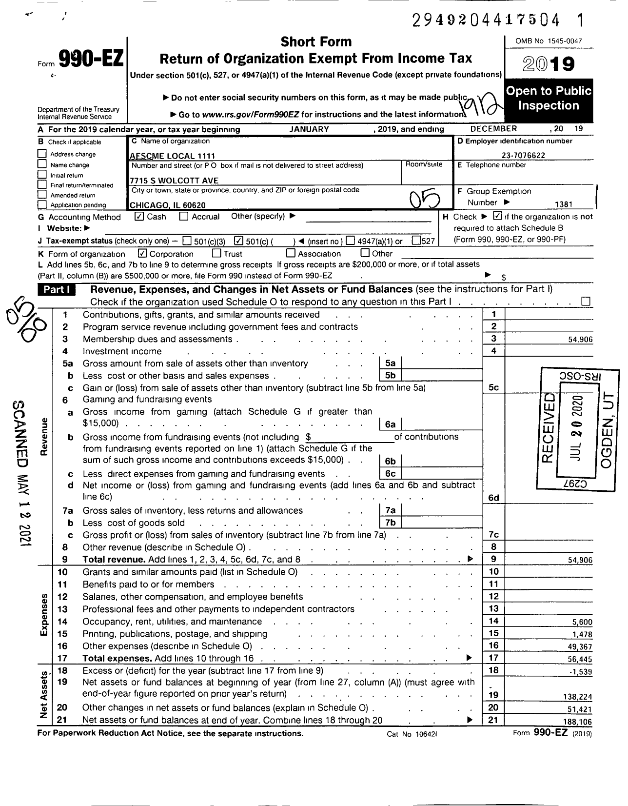 Image of first page of 2019 Form 990EO for American Federation of State County & Municipal Employees - Union / Union