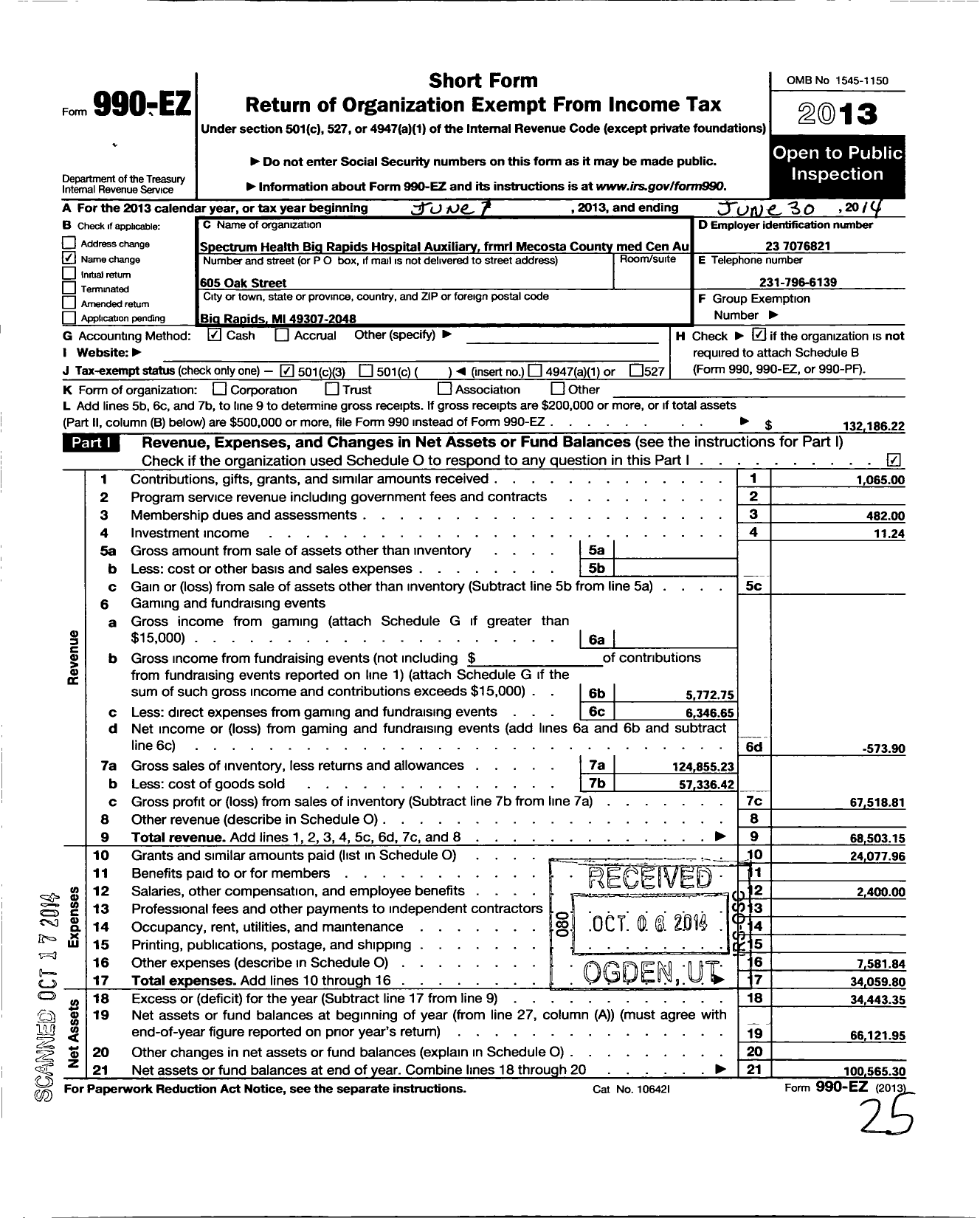 Image of first page of 2013 Form 990EZ for Mecosta County Medical Center Auxiliary