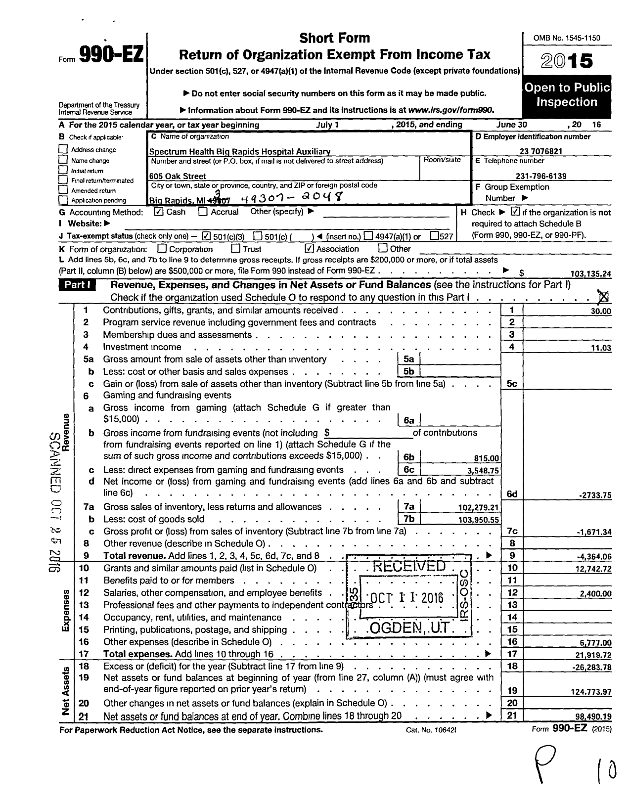 Image of first page of 2015 Form 990EZ for Mecosta County Medical Center Auxiliary