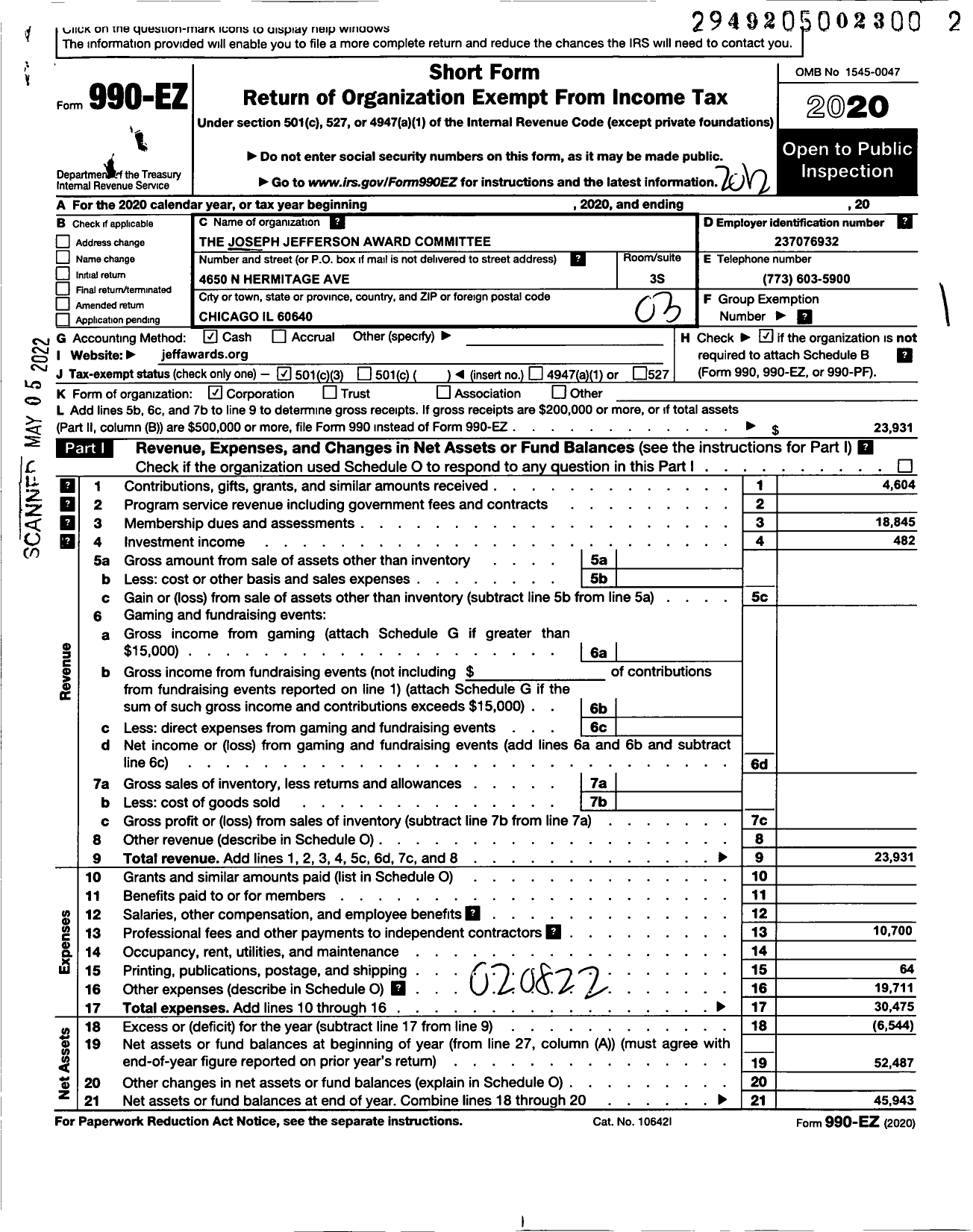 Image of first page of 2020 Form 990EZ for Joseph Jefferson Award Committee