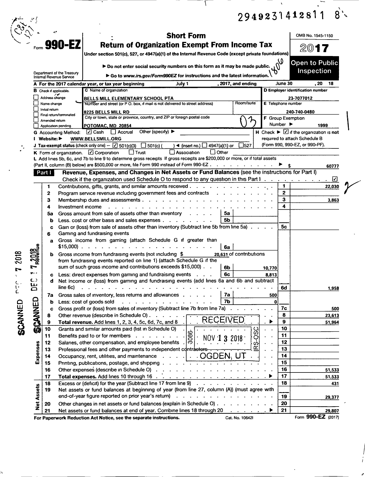 Image of first page of 2017 Form 990EZ for PTA Delware Congress / Bells Mill Elementary School PTA