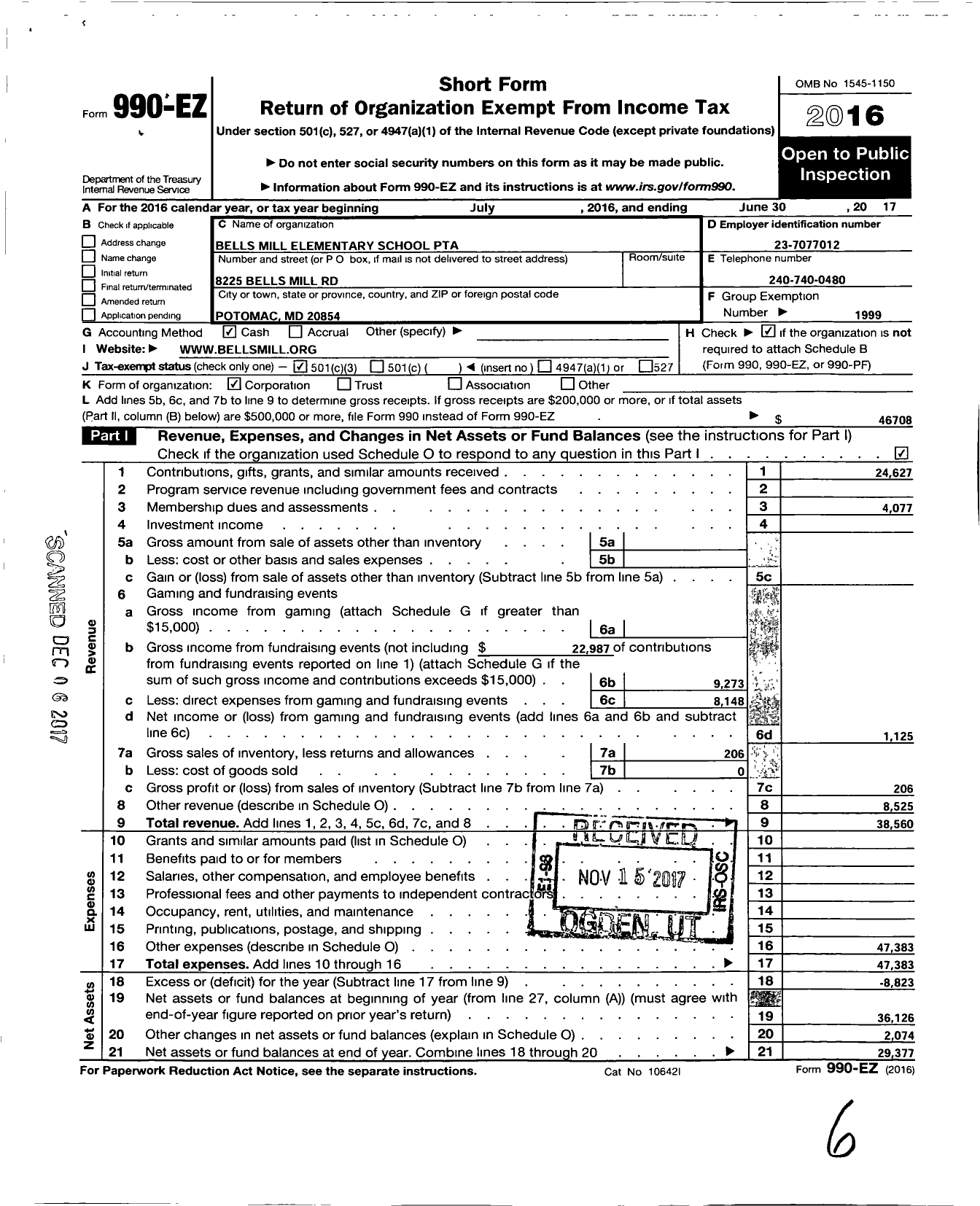 Image of first page of 2016 Form 990EZ for PTA Delware Congress / Bells Mill Elementary School PTA