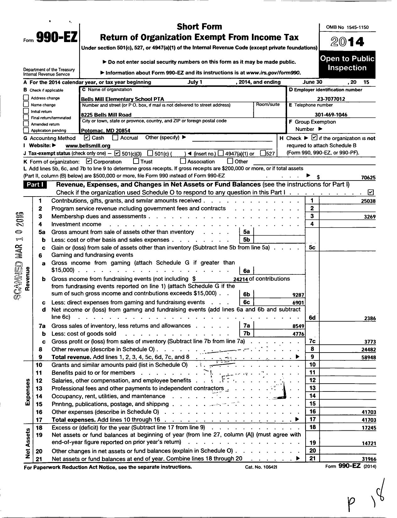 Image of first page of 2014 Form 990EZ for PTA Delware Congress / Bells Mill Elementary School PTA