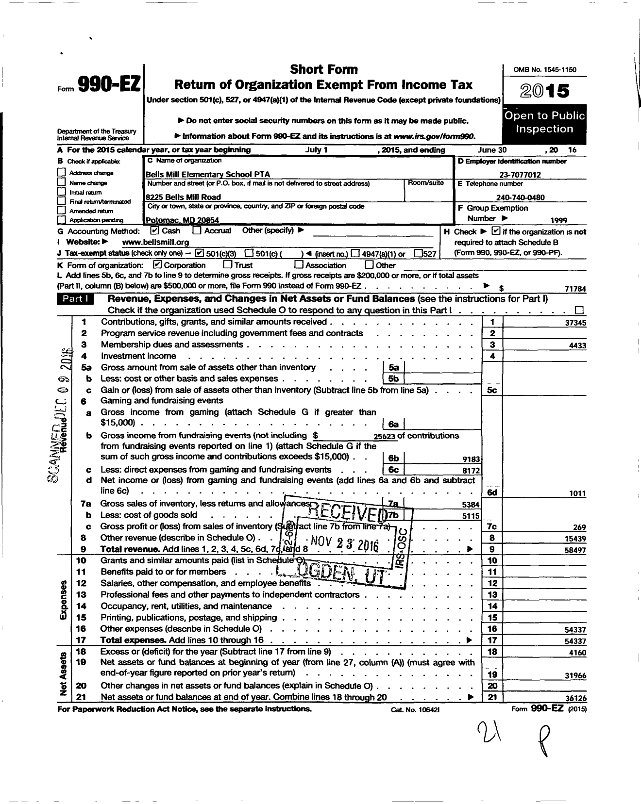 Image of first page of 2015 Form 990EZ for PTA Delware Congress / Bells Mill Elementary School PTA