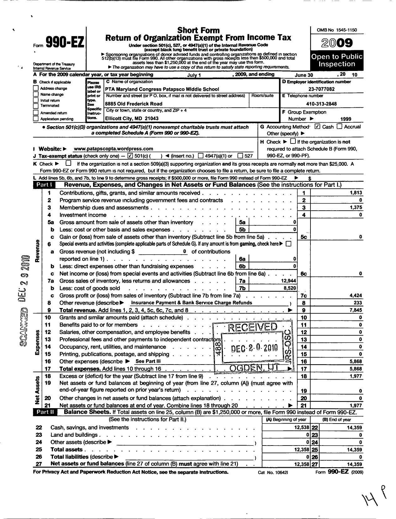 Image of first page of 2009 Form 990EO for PTA Delaware Congress / Patapsco Middle School PTA