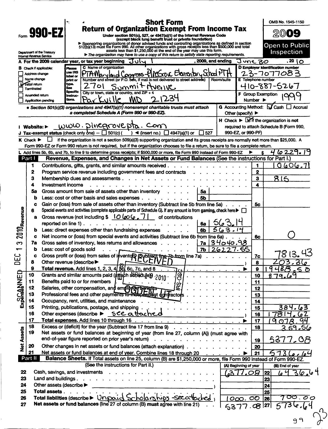 Image of first page of 2009 Form 990EO for PTA Delaware Congress / Pine Grove Elem PTA