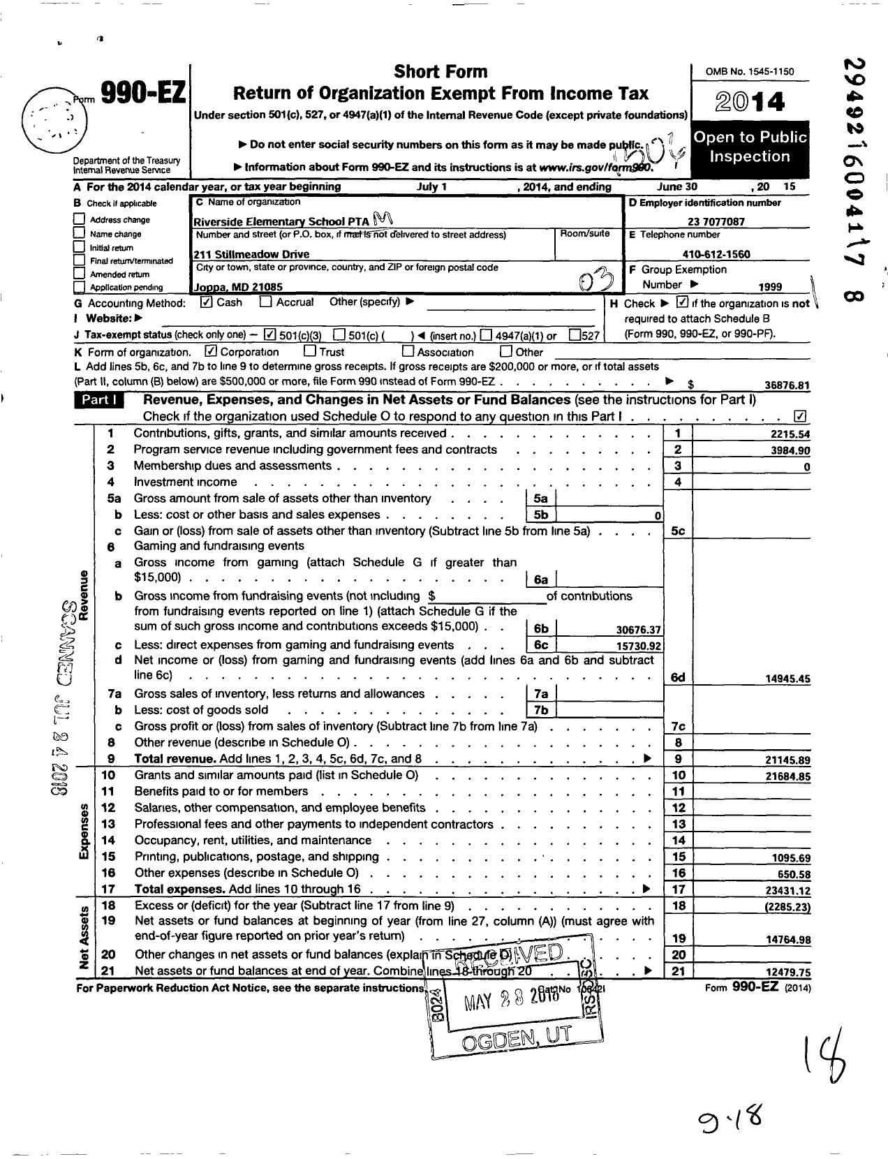 Image of first page of 2014 Form 990EZ for PTA Delaware Congress / Riverside Elementary School PTA