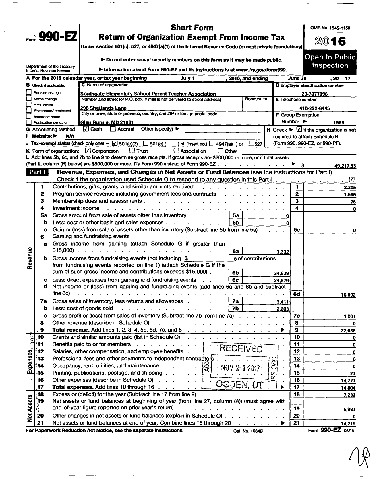 Image of first page of 2016 Form 990EZ for PTA Delware Congress / Southgate Elementary School PTA