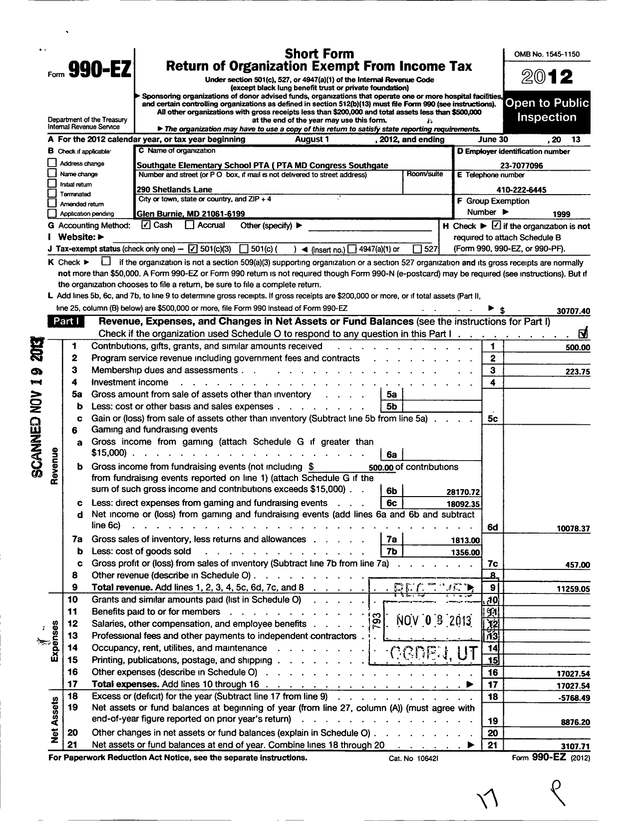 Image of first page of 2012 Form 990EZ for PTA Delware Congress / Southgate Elementary School PTA