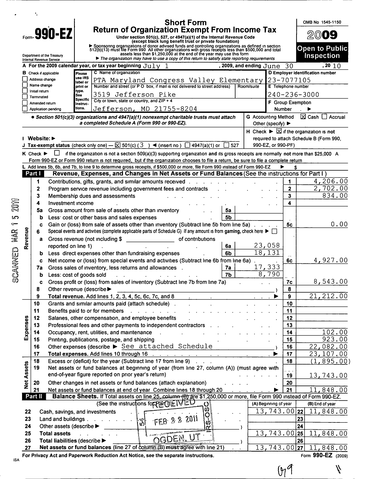 Image of first page of 2009 Form 990EZ for PTA Delaware Congress / Valley Elementary School PTA