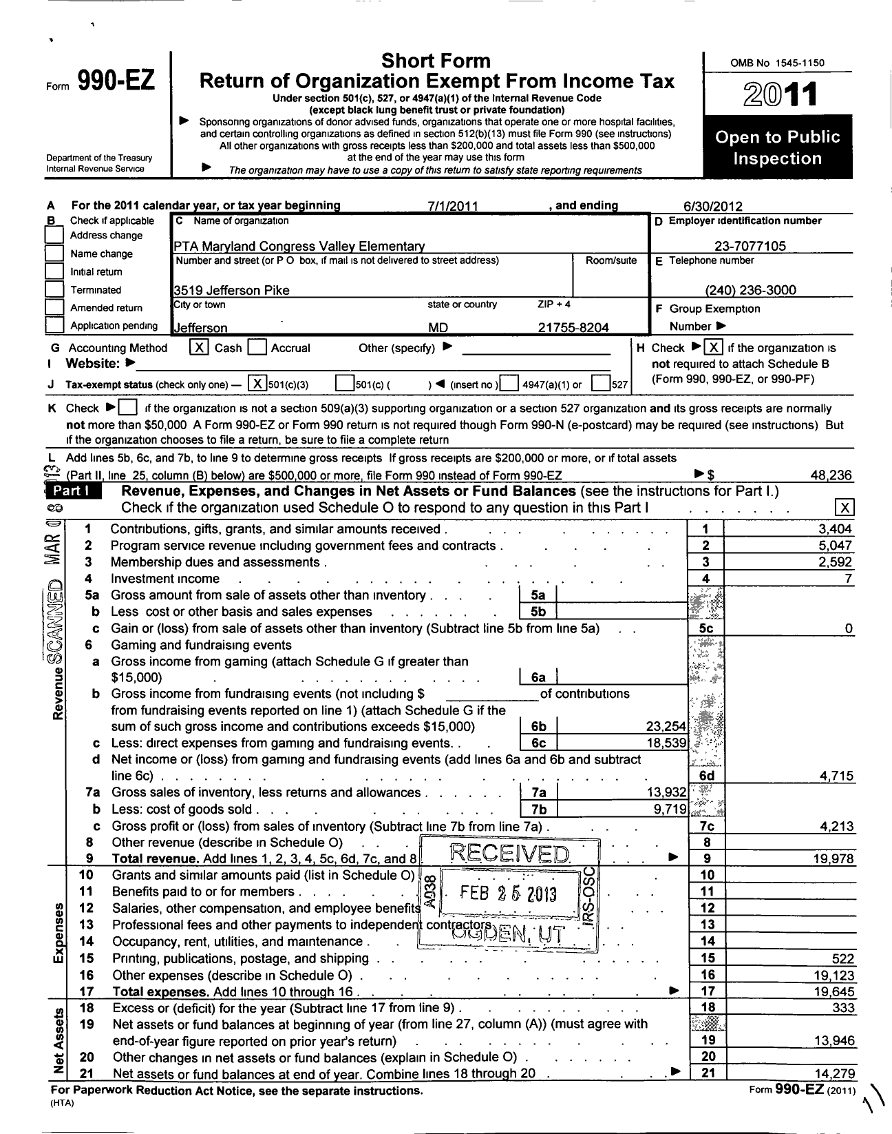 Image of first page of 2011 Form 990EZ for PTA Delaware Congress / Valley Elementary School PTA