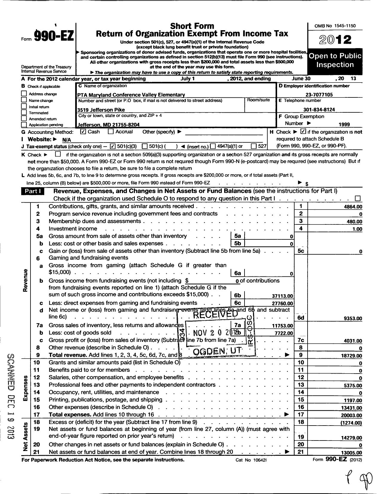 Image of first page of 2012 Form 990EZ for PTA Delaware Congress / Valley Elementary School PTA