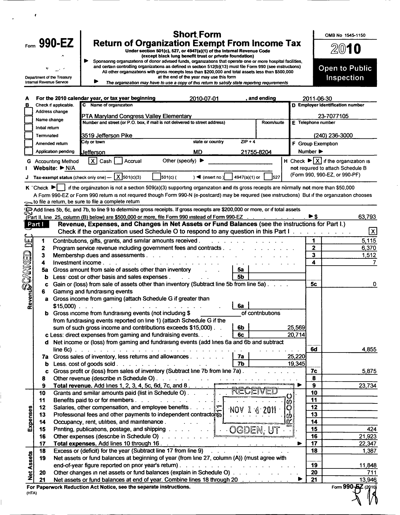 Image of first page of 2010 Form 990EZ for PTA Delaware Congress / Valley Elementary School PTA