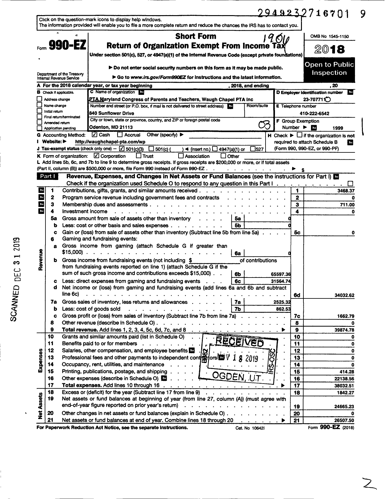 Image of first page of 2018 Form 990EZ for PTA Maryland Congress of Parents and Teachers / Waugh Chapel Elementary School