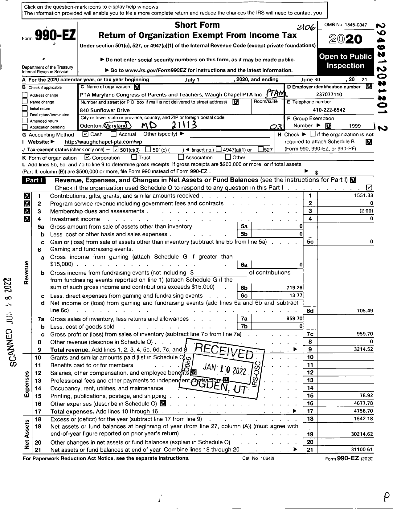 Image of first page of 2020 Form 990EZ for PTA Maryland Congress of Parents and Teachers / Waugh Chapel Elementary School