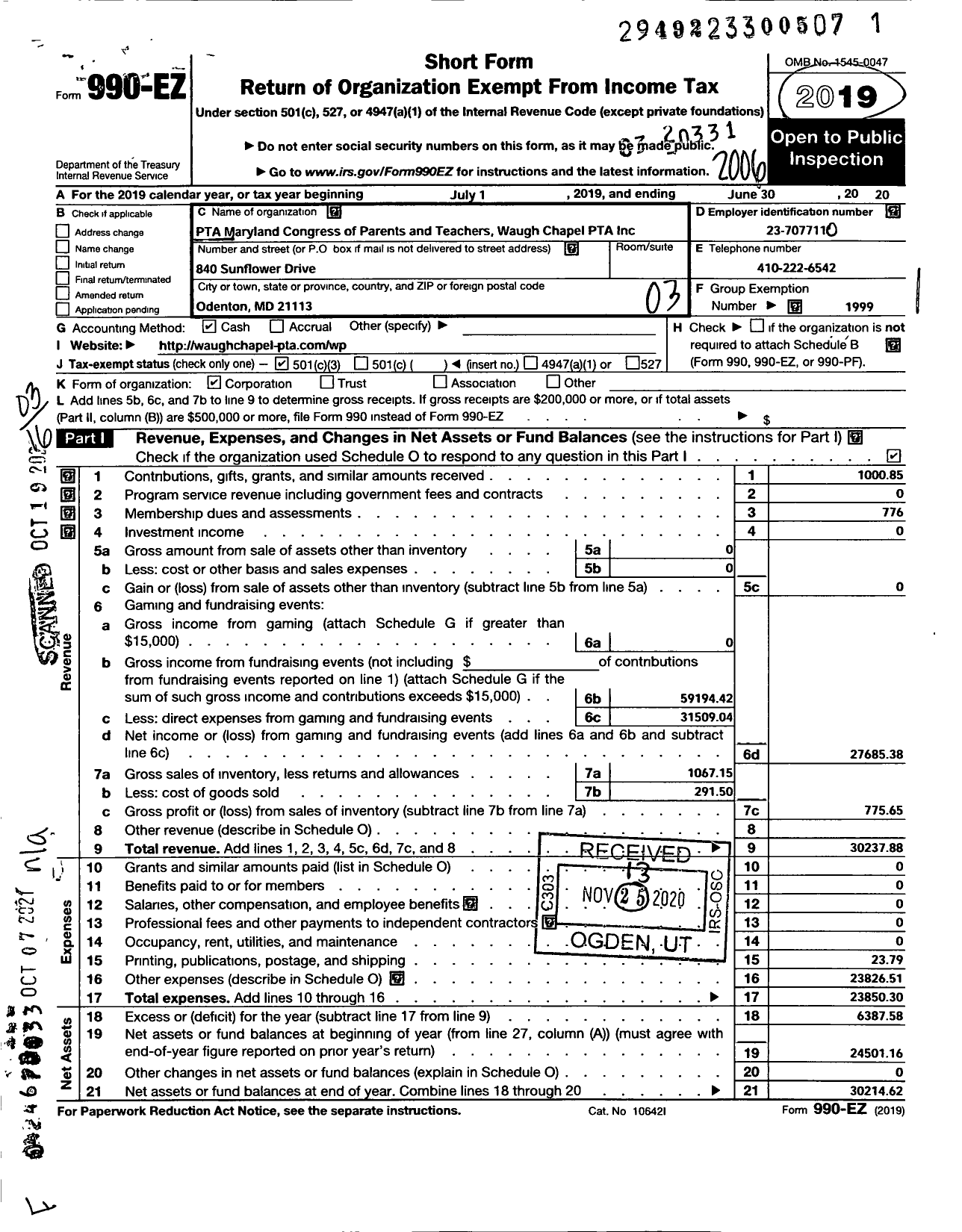 Image of first page of 2019 Form 990EZ for PTA Maryland Congress of Parents and Teachers / Waugh Chapel Elementary School