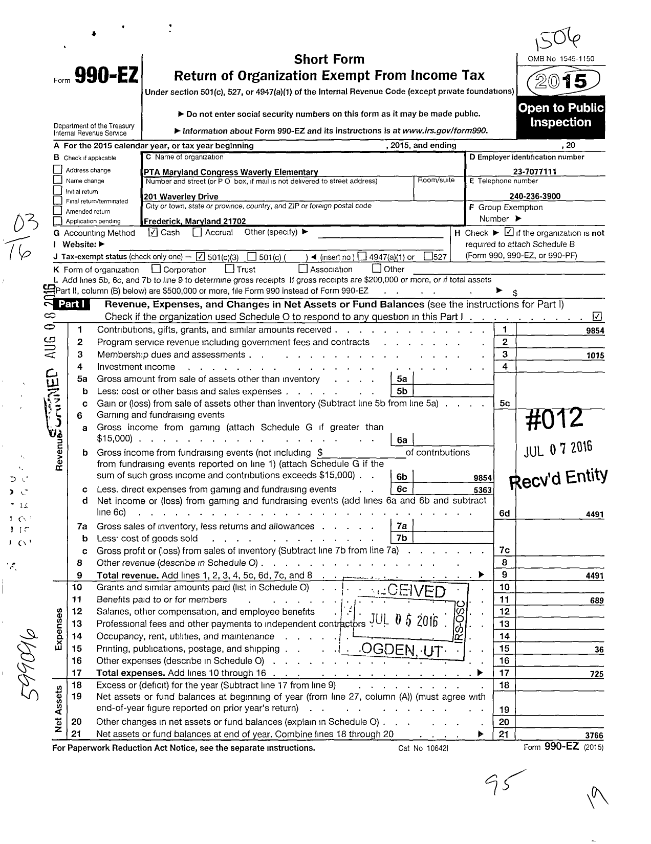 Image of first page of 2014 Form 990EZ for PTA Maryland Congress of Parent and Teachers / Waverly Elementary School PTA