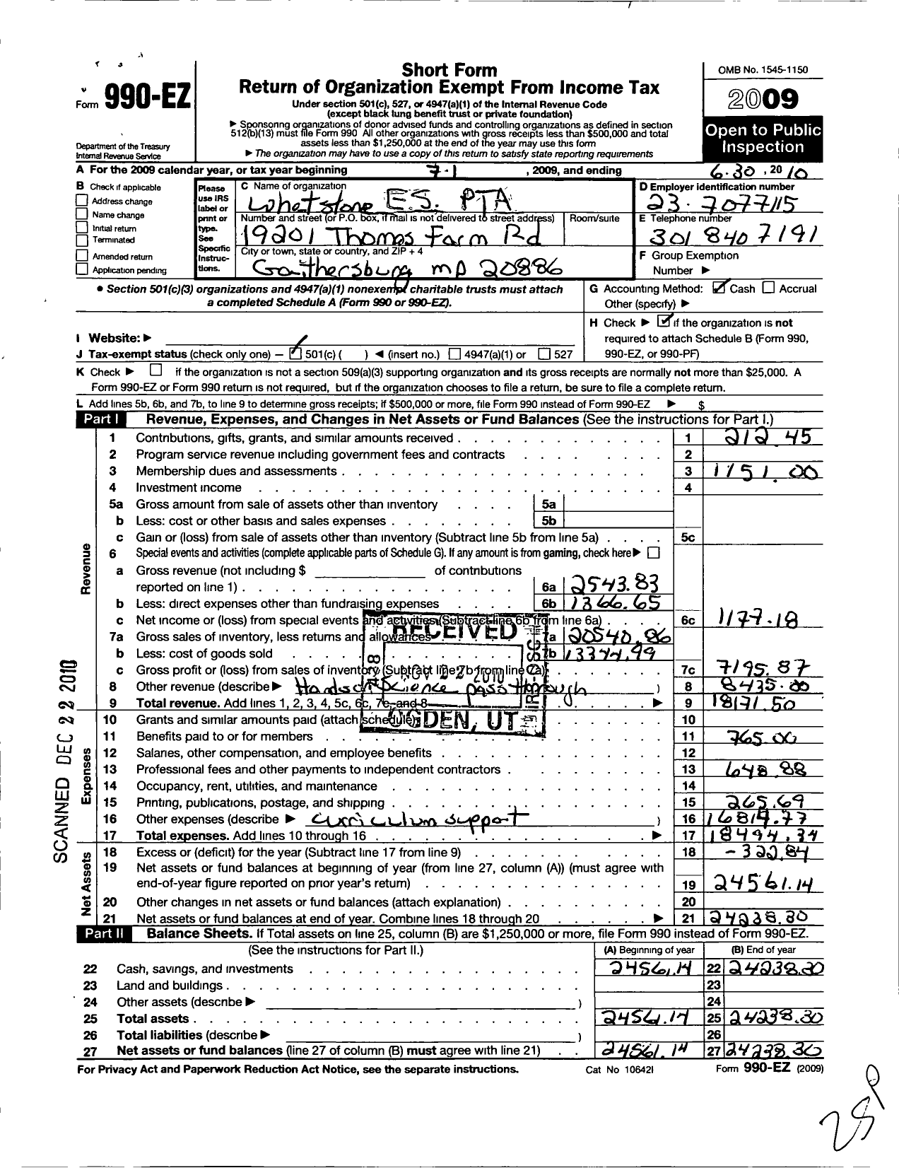 Image of first page of 2009 Form 990EO for Whetstone Elementary PTA