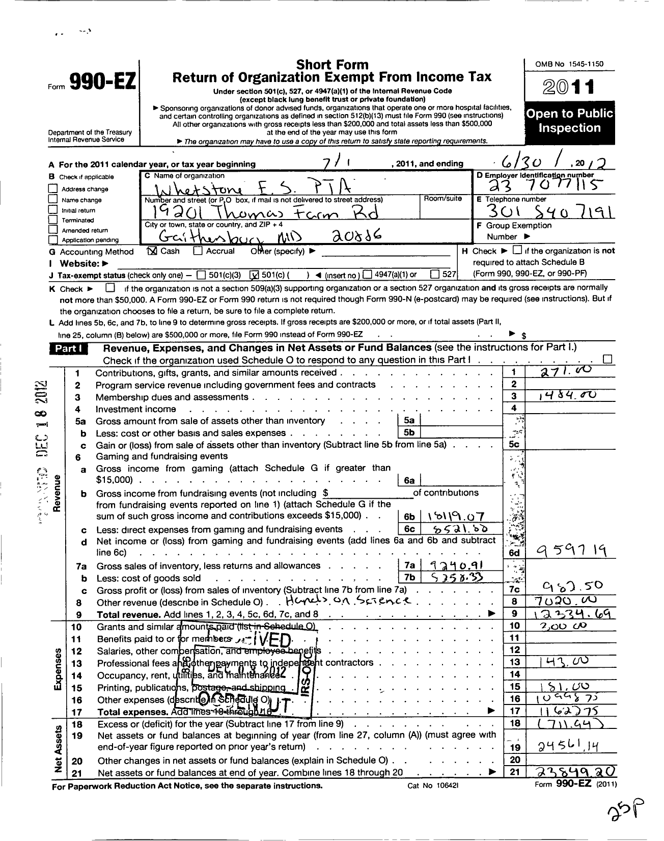 Image of first page of 2011 Form 990EO for Whetstone Elementary PTA