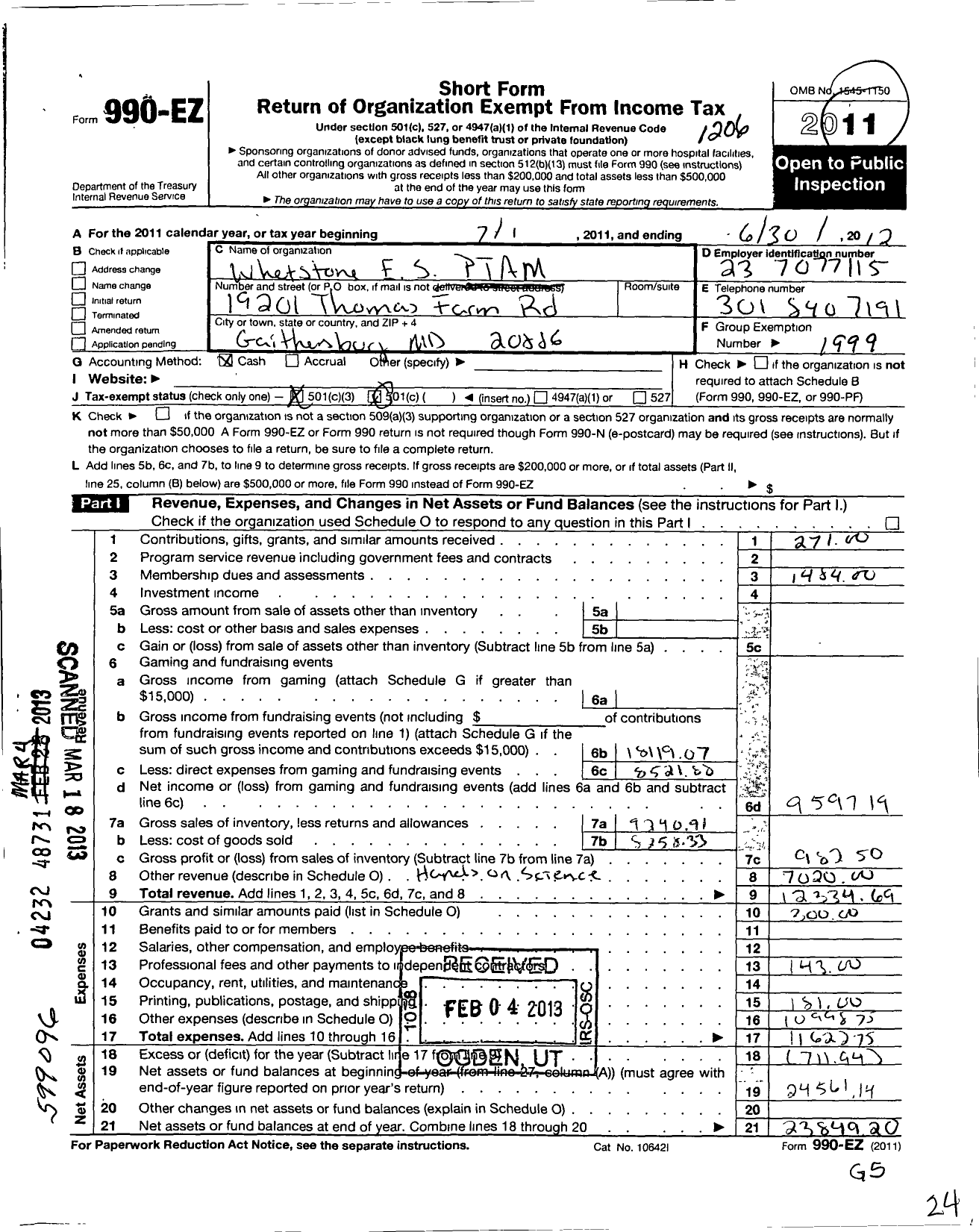 Image of first page of 2011 Form 990EZ for Whetstone Elementary PTA