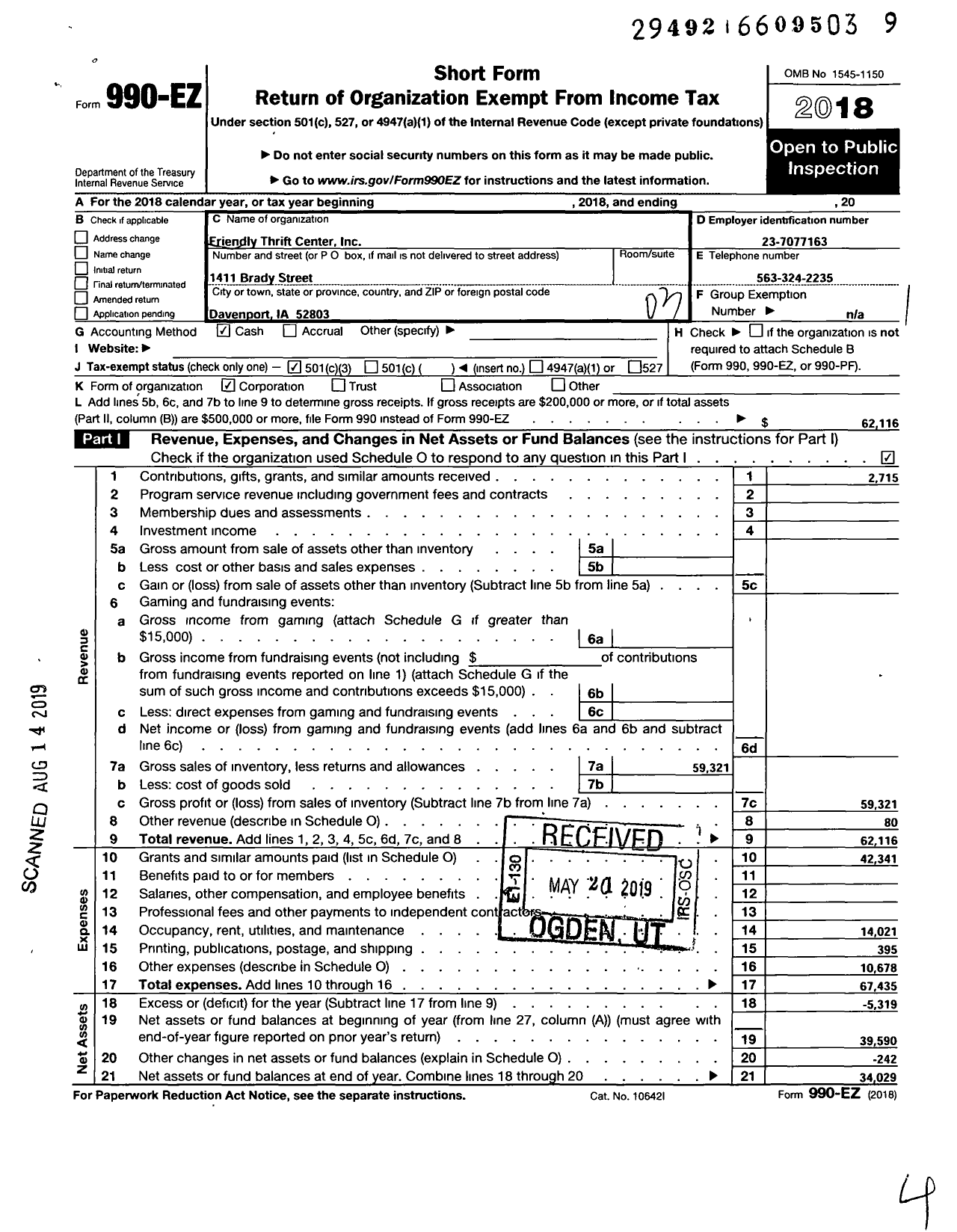 Image of first page of 2018 Form 990EZ for Friendly Thrift Center