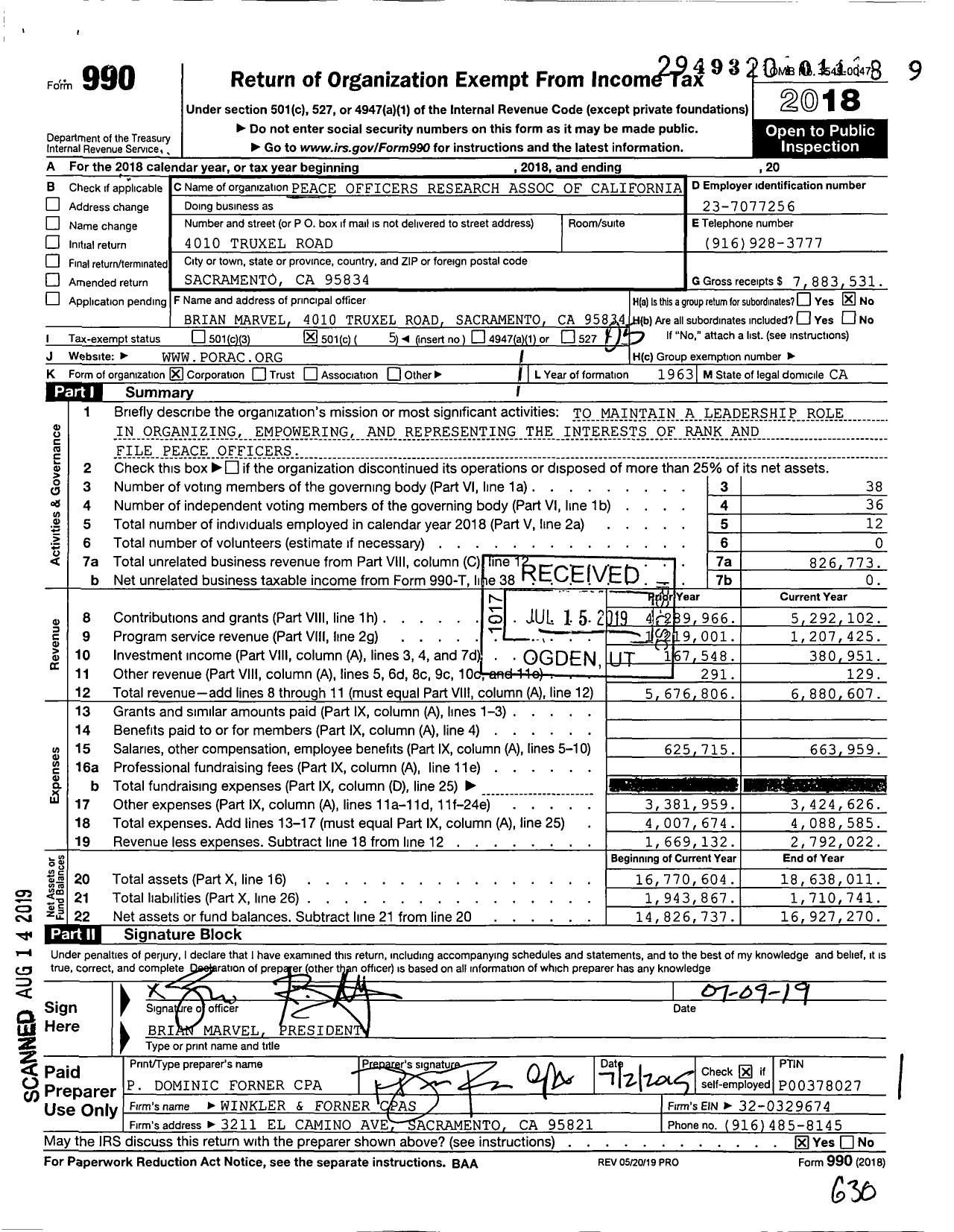 Image of first page of 2018 Form 990O for Peace Officers Research Association of California (PORAC)