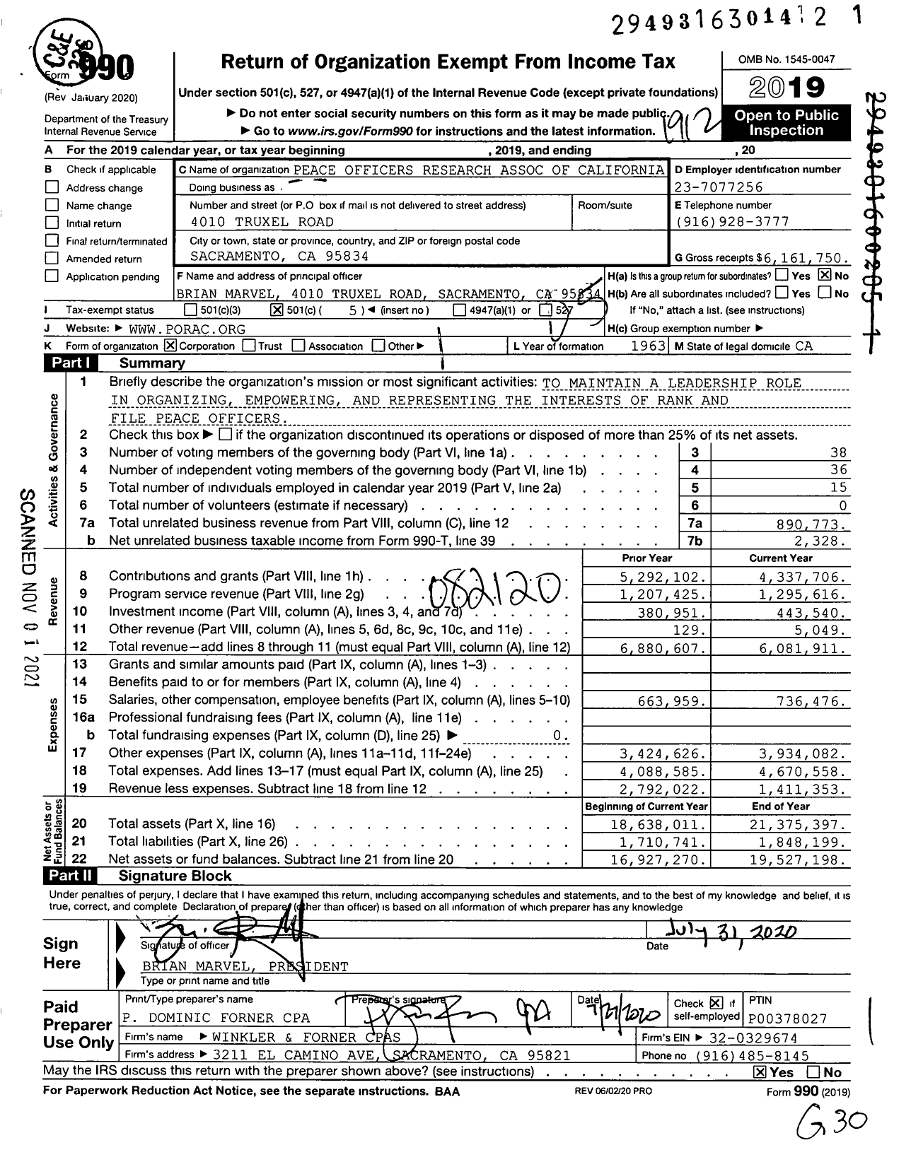 Image of first page of 2019 Form 990O for Peace Officers Research Association of California (PORAC)