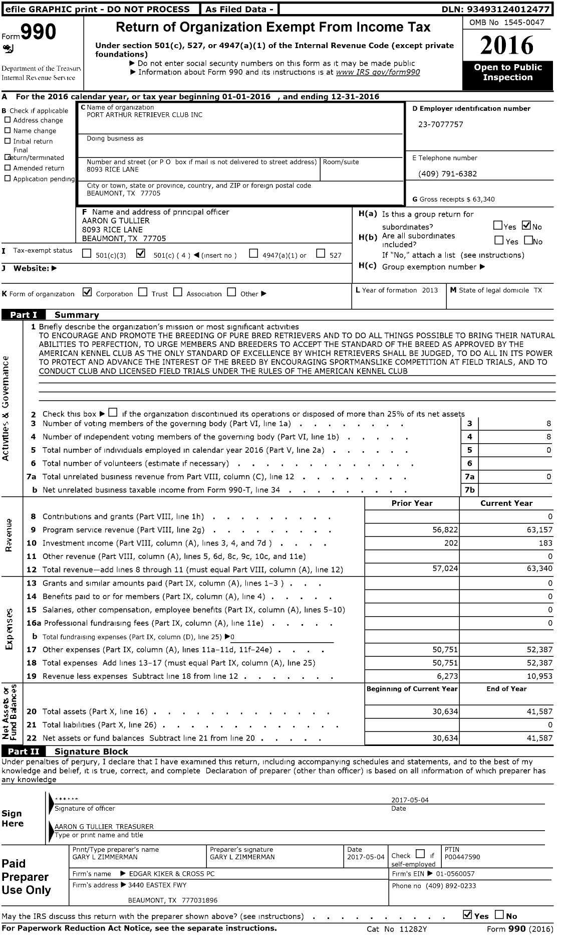 Image of first page of 2016 Form 990O for Port Arthur Retriever Club